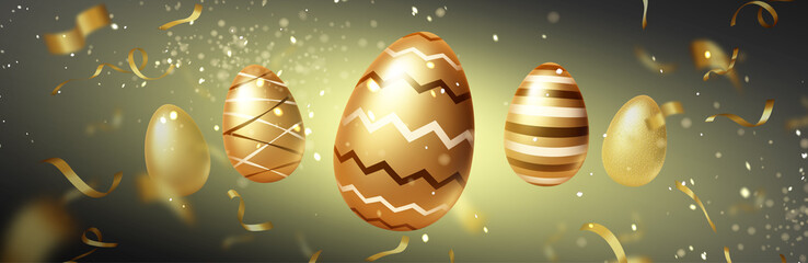 Gold Easter eggs on blurred background with golden confetti and glittering sparkles. Happy holiday banner, template for advertising, header or footer for website, Realistic 3d vector illustration