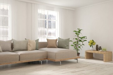 Fototapeta na wymiar Modern living room in white color with sofa and winter landscape in window. Scandinavian interior design. 3D illustration