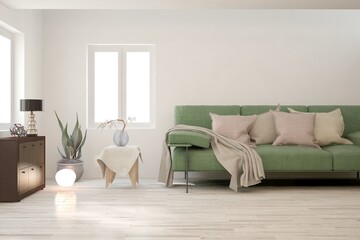 White living room with sofa. Scandinavian interior design. 3D illustration