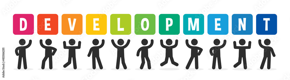 Poster people holding sign development word. vector banner with the text colored design.