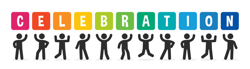 Celebration banner. People holding colorful sign with Celebration word. Vector illustration.