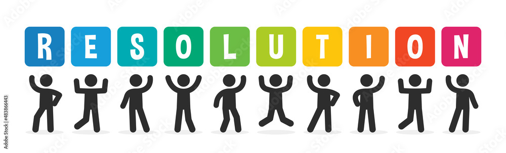 Poster people raised hands up together and showing resolution word for banner. vector illustration