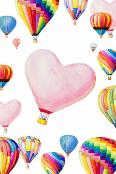 Colorful beautiful air balloon heart. Abstract watercolor paintings