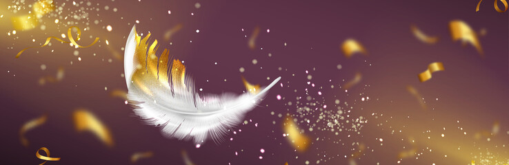 White feather with gold glitter on defocused background with light beam and sparks and confetti. Vector design with realistic golden colored bird or angel quill, soft fluffy plume flying in sun ray - obrazy, fototapety, plakaty