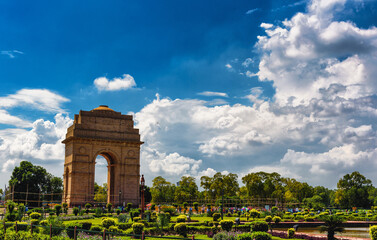 The Gate of India in Delhi under the monsoon clouds, India