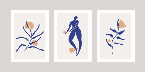 Fototapeta na wymiar Set of three abstract posters with one woman silhouettes and abstract branches painted in the Henry Matisse style.