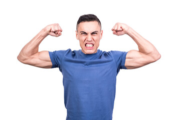 Man with expression of strength with raised arms
