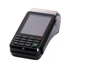black payment terminal close-up for accepting money from plastic cards from customers on a white isolated background, copy space