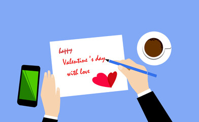 Drawing of male hand  signing a valentine card and smart phone and a cup of coffee on blue bacground. Woman hand holding a pen.