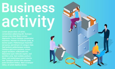 Business activity.Office workers in the office.Coworking and business strategy.Poster in business style.Flat vector illustration.