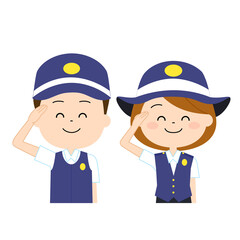 笑顔で敬礼をしている警察官