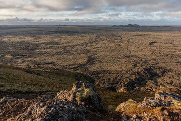 Reykjanes peninsula panorama.A view from the top of the mountain Þorbjörn in Iceland .The mountain is beside the town of Grindavik and the Blue Lagoon