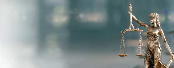 Legal and law concept. Statue of Lady Justice with scales of justice and wooden judge gavel on wooden table. Panoramic image statue of lady justice. - obrazy, fototapety, plakaty