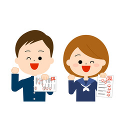 満点を取ってガッツポーズをする学生達