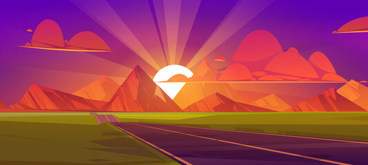 Road at mountains sunset, nature landscape with sun behind the rocks, purple sky and red clouds. Empty asphalted highway going to rocks and green field perspective view, Cartoon vector illustration