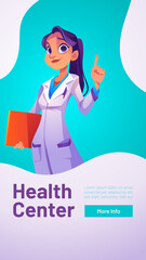 Health center poster with woman doctor in professional uniform. Vector flyer of medical service, hospital or clinic with cartoon illustration of girl in white coat, medical staff, physician or nurse