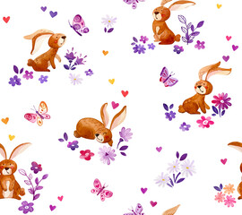 Seamless watercolor pattern of flowers, rabbits and butterflies. 