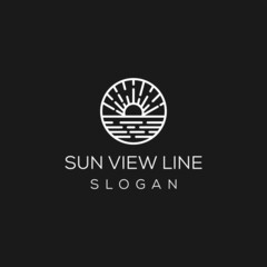 logo of mountain and sun views. Modern outline design illustration of a sun and mountain view on a lake. Vector art line icon template