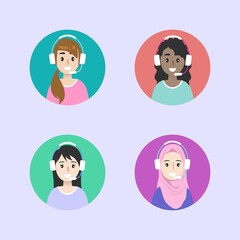 Vector icons set multiracial female call center avatars in a cartoon style with a headset, conceptual of communication