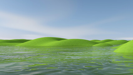 Green meadow with sky background. 3D illustration, 3D rendering	
