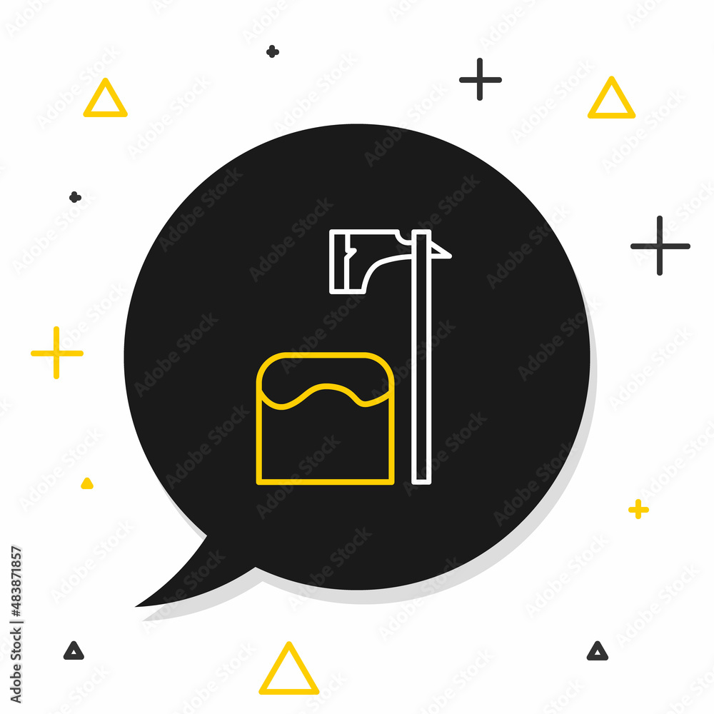 Poster line executioner axe in tree block icon isolated on white background. hangman, torturer, executor, t