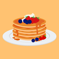 Flat Pancake animation cartoon with blueberry and strawberry vector illustration image
