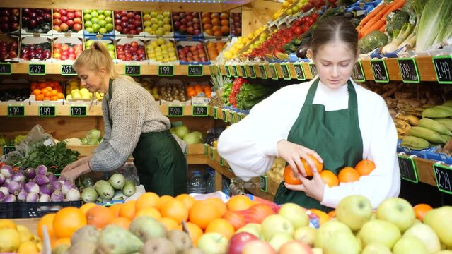 Focused young girl working at family fruit and vegetable shop, arranging ripe oranges on showcase. High quality 4k footage