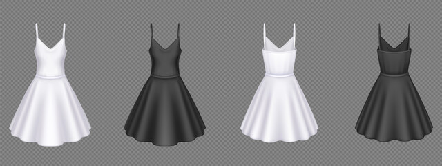 Women white and black cocktail dresses in front and back view. Vector realistic 3d mockup of blank girls evening gown with short skirts isolated on transparent background