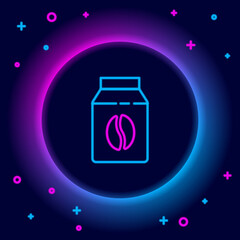 Glowing neon line Bag of coffee beans icon isolated on black background. Colorful outline concept. Vector