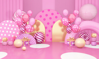 Colorful Bunch of Birthday 3D Balloons Flying for Party in room. 3D illustration, 3D rendering