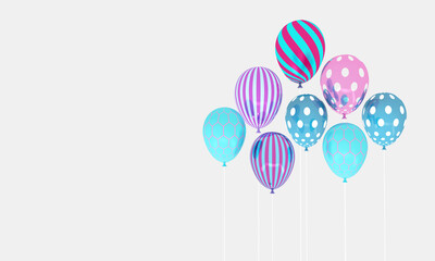 Colorful Bunch of Birthday 3D Balloons Flying for Party in room. 3D illustration, 3D rendering