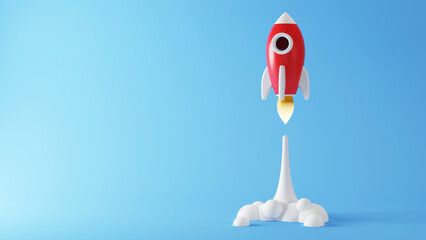 Rocket launch on a blue background. Launching a business product to the market. 3D rendering.