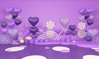 Colorful Bunch of Birthday 3D Balloons Flying for Party in room. 3D illustration, 3D rendering	