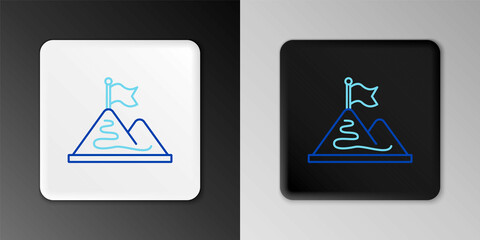 Line Mountains with flag on top icon isolated on grey background. Symbol of victory or success concept. Goal achievement. Colorful outline concept. Vector