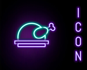 Glowing neon line Roasted turkey or chicken icon isolated on black background. Colorful outline concept. Vector