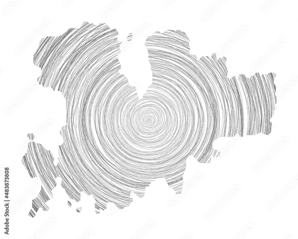 Poster mykonos map filled with concentric circles. sketch style circles in shape of the island. vector illu