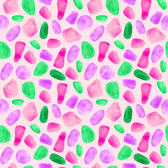 Watercolor pink, green, violet spots seamless pattern. Abstract hand drawn shapes repeat print. Colorful terrazzo, mosaic ornament.