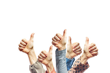 Hands showing thumb up sign against isolated on white background