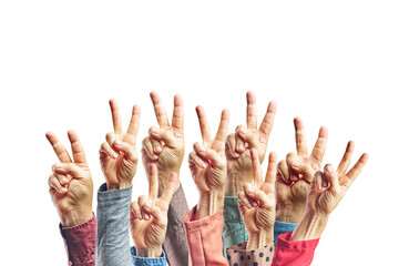 Hands of men and women showing fingers over isolated white background counting number 2 showing two fingers, gesturing victory