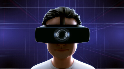 Close-up shot of a young man wearing VR Headset experiencing 3D virtual reality. Technology related digital transformation concept. 3D Rendering. 8K