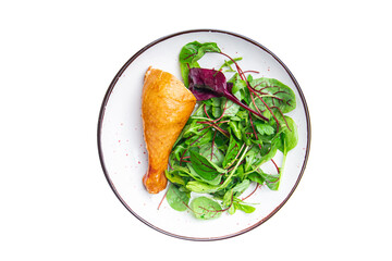 chicken leg smoked meat and fresh salad leaves mix green meal food snack on the table copy space food background 