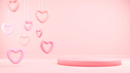 Pedestal, podium, support, hanging balloon hearts and pink background - 483874841