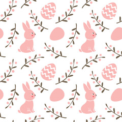 Cute Easter seamless pattern with bunny, eggs, branches and berries. Vector flat hand drawn illustration in cartoon style 