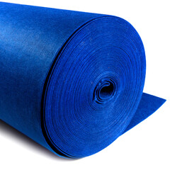 A roll of blue woollen fabric on a white background.