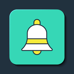 Filled outline Ringing bell icon isolated on blue background. Alarm symbol, service bell, handbell sign, notification symbol. Turquoise square button. Vector