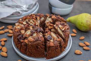sweet home made chocolate almond cake on a table