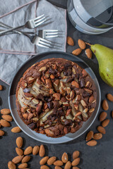 sweet home made chocolate almond cake on a table