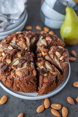 sweet home made chocolate almond cake on a table