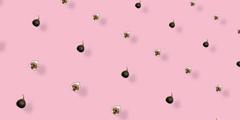 Colorful fruit pattern of fresh figs on pink background with shadows. Top view. Flat lay. Pop art design