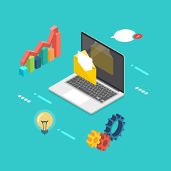 Laptop with business icons in isometric view. Digital business concept